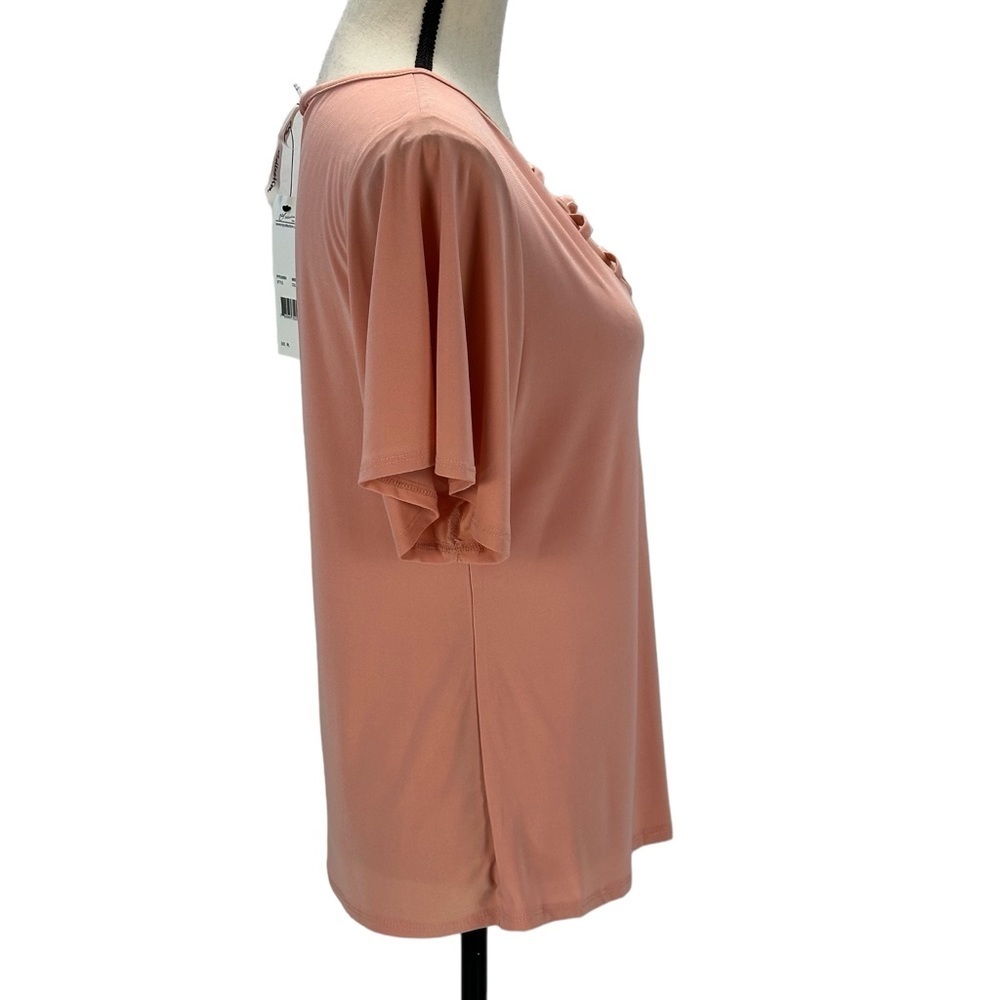 NY Collection Short Flutter Sleeve Mesh Neck Metal Detail Top - Pink - size PL - Picture 2 of 9